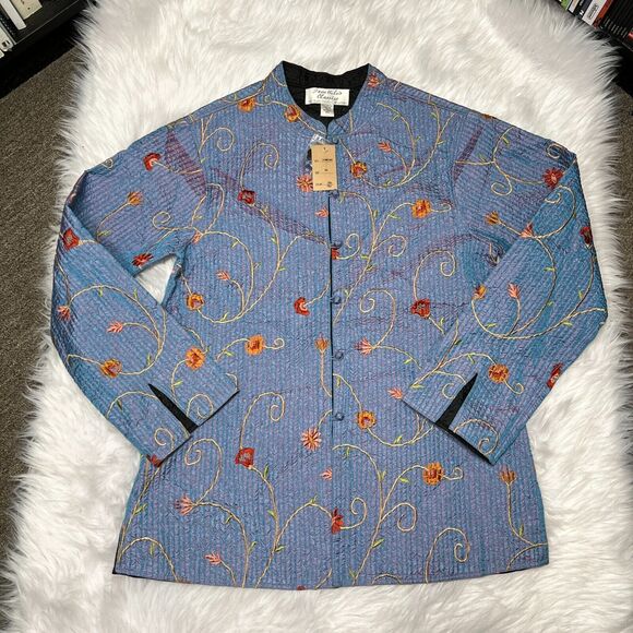 SAM HILU'S CLASSICS REVERSIBLE QUILTED JACKET FLORAL BLUE / BLACK EMBROIDERED - Picture 1 of 8